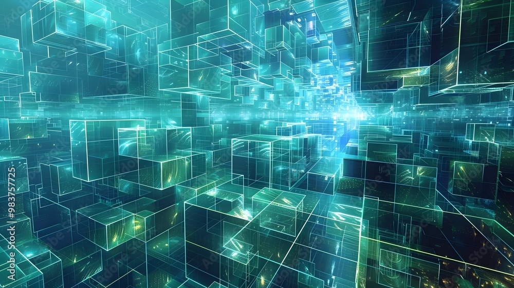 Poster a digital landscape with a vast, continuous memory space created by interconnected, floating blocks 