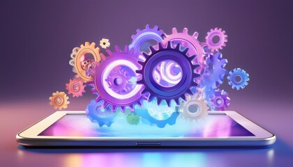 Fototapeta premium A vibrant digital design featuring colorful gears emerging from a tablet, symbolizing technology and innovation.