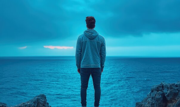 Man Looking Out at the Ocean. - Powered by Adobe