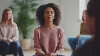 Group therapy session in relaxed atmosphere with participants seated in circle focusing on communication