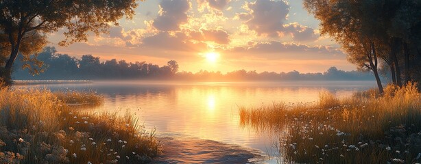 Obraz premium Serene Sunset Over Tranquil Lake Landscape