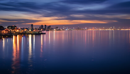 Charming night in the bay with lights sparkling against the sky