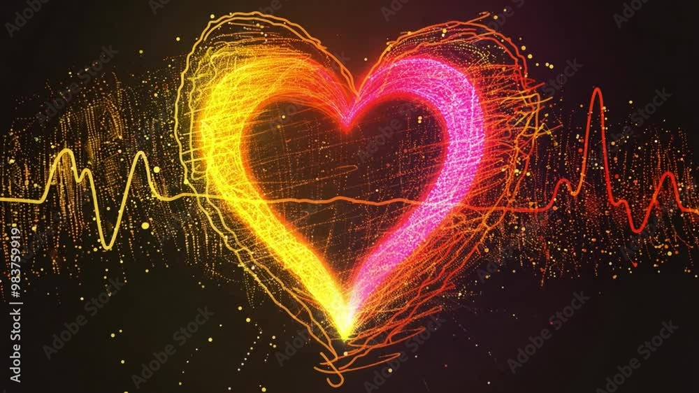 Poster A vibrant heart shape is displayed against a dark background, illuminated by colorful light trails, resembling a heartbeat line for a lively representation of love and life.