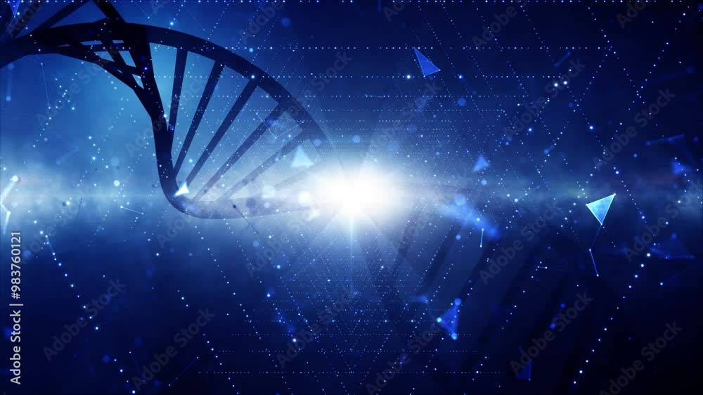 Wall mural digital shiny blue futuristic technology loop tunnel with dna chain animation.