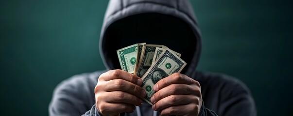 A hooded figure holds several dollar bills, obscuring their face, suggesting secrecy or illicit activities related to money.