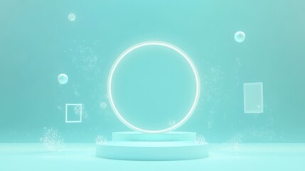 A minimalistic, glowing circular display on a pedestal with floating geometric shapes.