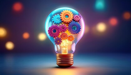 A vibrant light bulb filled with colorful gears, symbolizing innovation and creativity against a dreamy background of glowing orbs.