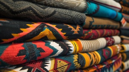 An illustrated collection of traditional Native American textiles with intricate patterns