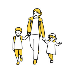 手をつないで歩く親子のイラスト＿母親・子ども２人