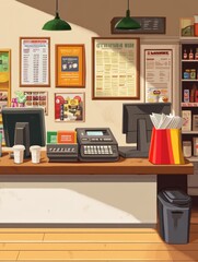 This cartoon illustrates a shop counter with cash register in an empty room. The desk has a computer, paper cups, shopping bags, menu boards framed on the wall, while the room has no furniture.