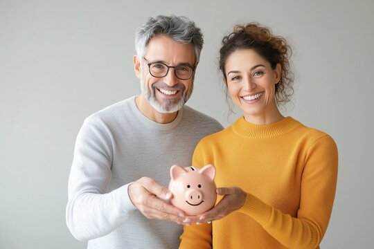 Smiling couple holding a piggy bank symbolize savings and financial planning for effective money management. Personal finance concept