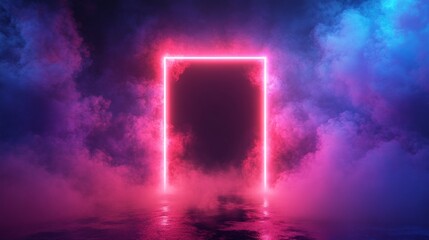 Neon frame in the wall with a hole. A neon framed doorway glowing in pink light, with smoke billowing through a broken wall, creating a surreal and futuristic background