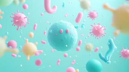 Fototapeta premium Colorful 3D rendering of various microorganisms in a playful, vibrant environment.