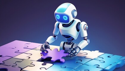 A robot is assembling a colorful puzzle, showcasing the blend of technology and problem-solving skills in a creative, futuristic environment.
