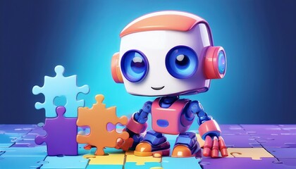 Fototapeta premium A cute robot with large eyes assembles colorful puzzle pieces against a vibrant blue background, symbolizing creativity and technology.
