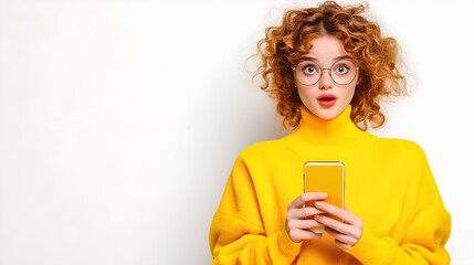 Naklejka premium A surprised woman in a yellow sweater holds a smartphone, posing against a plain white background.