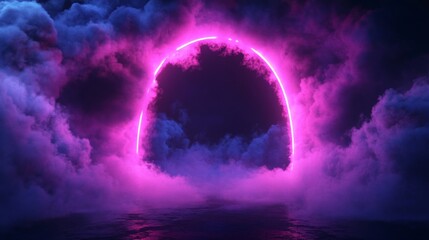 Obraz premium Neon frame in the wall with a hole. A neon light portal with vibrant pink and blue colors surrounded by thick smoke, set against a textured wall.