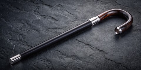 A sleek black cane with a silver handle rests on a rough, black surface, its curves softened by
