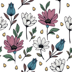 A Seamless Pattern of Purple and White Blooms with Lush Leaves