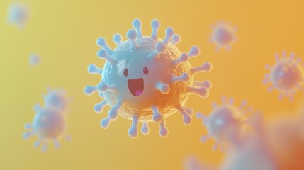 A cheerful cartoon virus character with a smiling face against a colorful background.