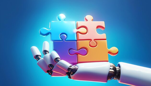 A robotic hand holds colorful puzzle pieces against a blue background, symbolizing technology and problem-solving.