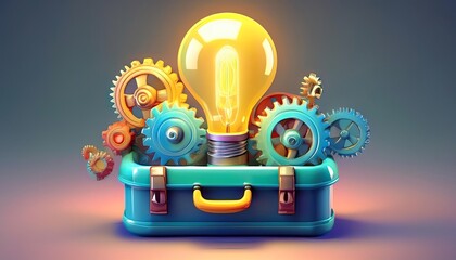 Fototapeta premium A vibrant suitcase with a glowing light bulb and colorful gears, symbolizing creativity and innovation.