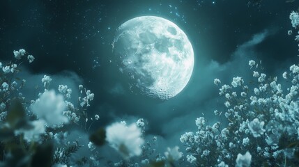Full moon surrounded by white flowers in fantasy art style.