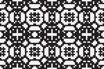 Vector monochrome pixel background. Abstract seamless pattern with small random scattered squares, rectangles, tiny dots. Black and white minimal