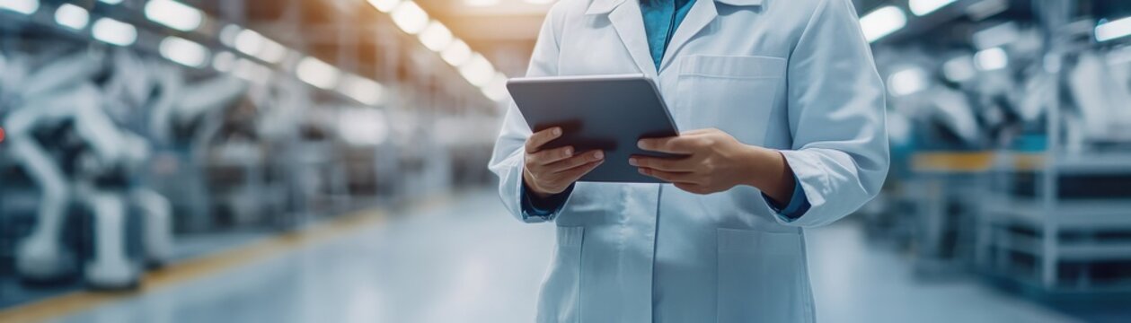 A professional in a lab coat using a tablet in a modern industrial environment, showcasing technology in manufacturing.