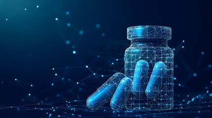 
Plastic bottle with two abstract blue medical drug capsules. Healthcare medical and pharmacy concept. Low poly style. Geometric background Wireframe light connection structure Modern 3d graphic