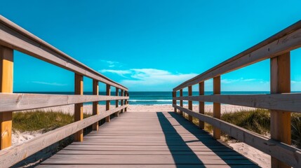 Scenic Beach Wooden Pathway on a Sunny Day with Clear Blue Skies and Ocean View