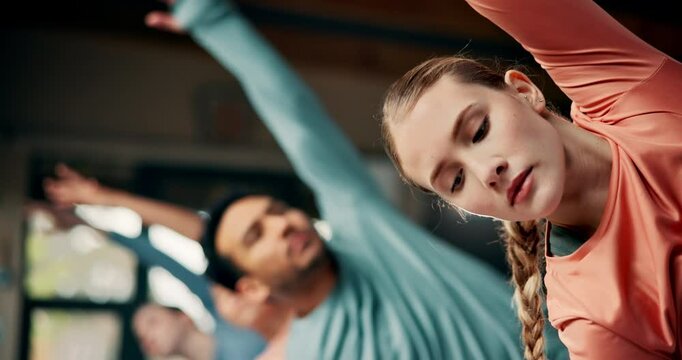 Yoga, stretching and class with exercise for health, wellness and balance of body and mind. Calm, people and yogi group with pilates fitness for flexibility, zen and blood flow increase in studio.