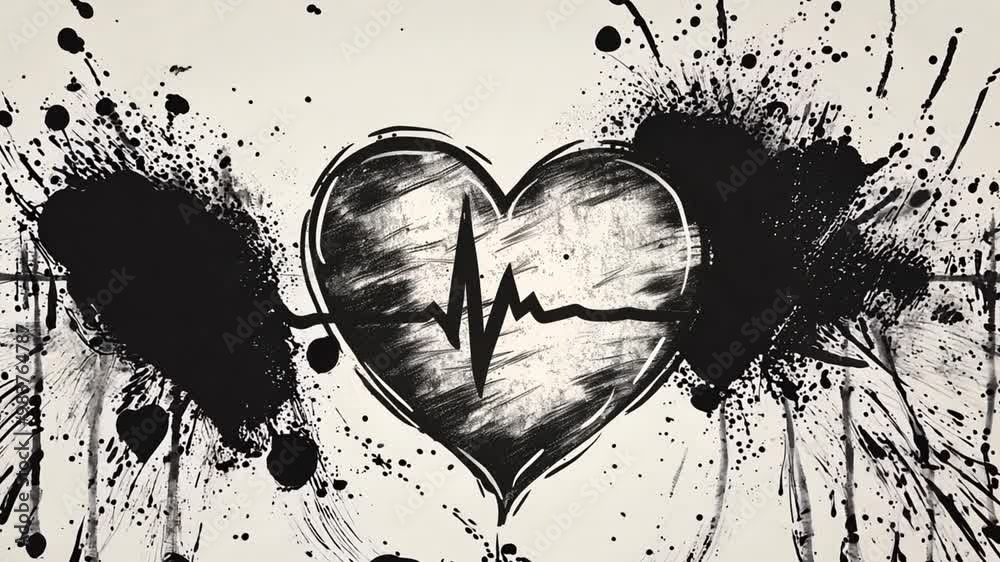 Poster an artistic depiction of a heart symbol intertwined with a heartbeat line, surrounded by abstract sp