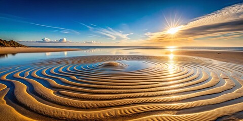 At low tide, vibrant sunlight uncovers intricate circular patterns in the sand, formed by natural forces, showcasing