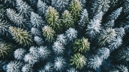 Aerial view of snow-covered evergreen trees in a forest.