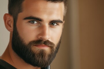 Obraz premium Close-Up Portrait of a Young Bearded Man with Intense Gaze and Stylish Hair, Capturing Modern Masculinity and Grooming Trends