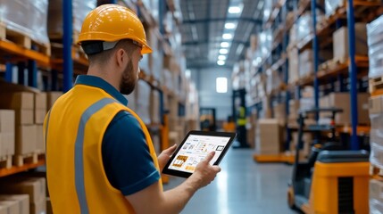 Industrial Warehouse Management: Worker Using Digital Tablet for Efficient Inventory Control and Logistics