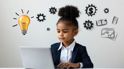 Young Girl in Business Suit Working on Laptop with Innovative Ideas Conceptualized by Dollar and Light Bulb Icons