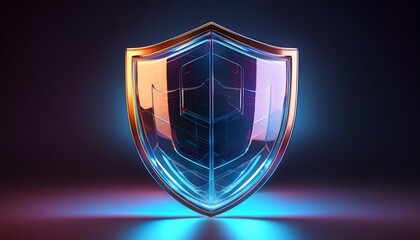 A futuristic shield with vibrant colors, representing protection and security in a digital realm, stands prominently against a dark background.