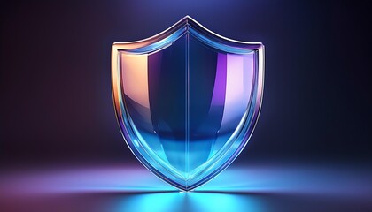 Fototapeta premium A shiny, transparent shield emits colorful reflections, symbolizing protection and security against threats in a modern digital context.