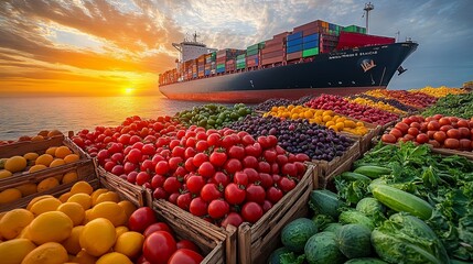 Cargo Ship Delivering Fresh Produce at Sunset