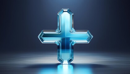 Fototapeta premium A crystal-like blue plus sign illuminates against a dark background, creating a sleek and modern aesthetic.