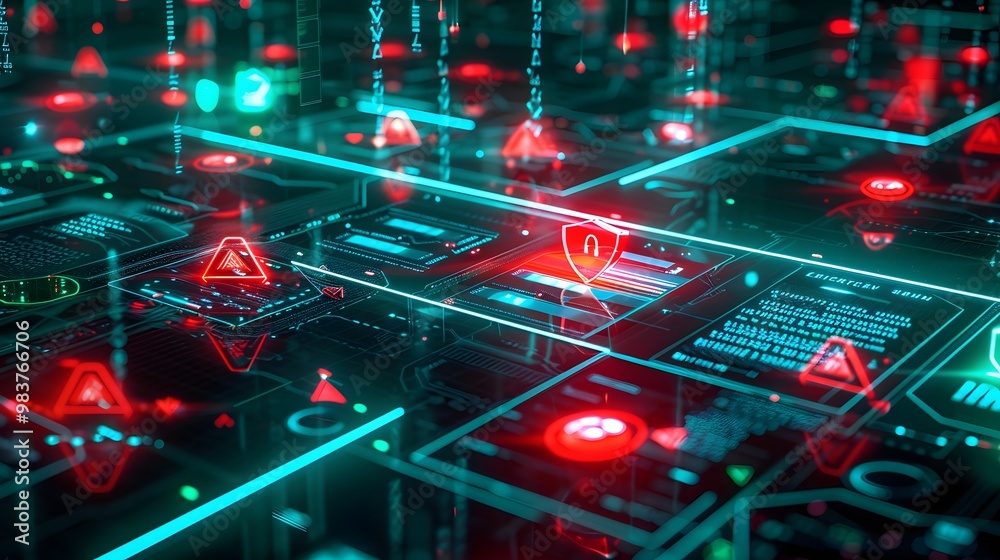Poster a high-tech defense grid detecting and responding to potential network intrusions, with glowing red 
