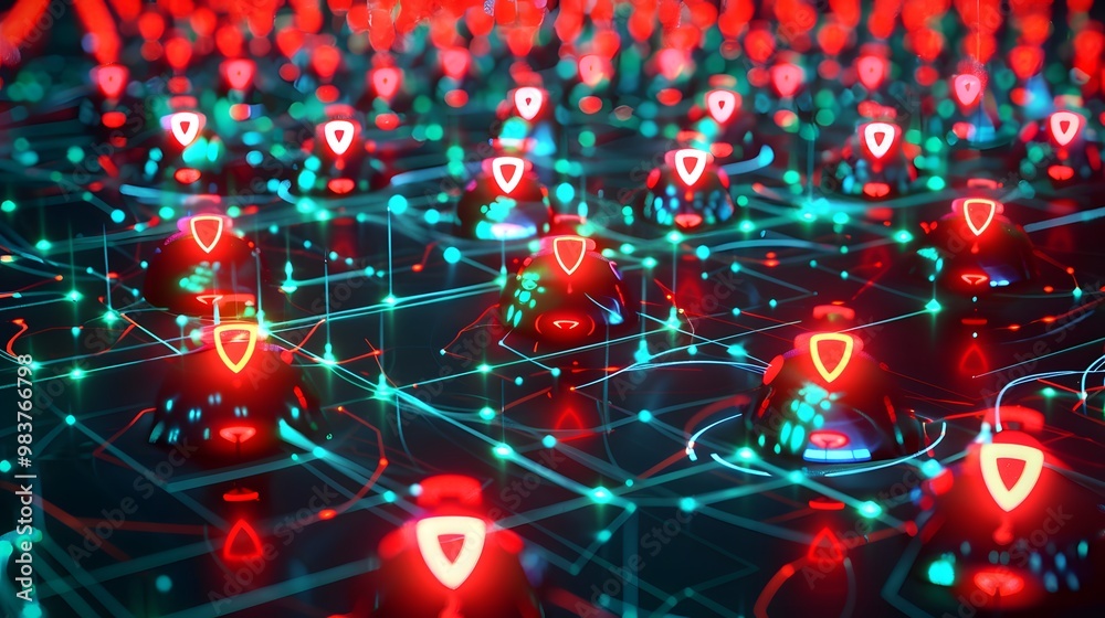 Poster a high-tech defense grid detecting and responding to potential network intrusions, with glowing red 