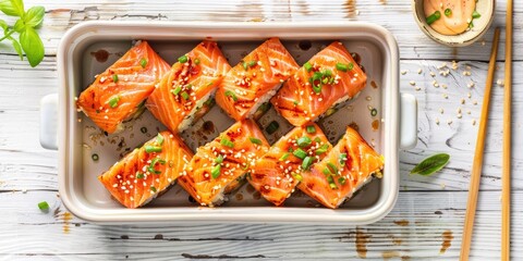Deconstructed Sushi Rolls with Salmon and Imitation Crab, Accompanied by Sriracha Mayonnaise and Chopsticks, Presented on a White Table with Sesame Seeds