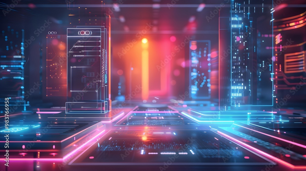 Poster a futuristic security checkpoint with layers of verification protocols like oauth, kerberos, and mul