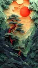 Obraz premium Bonzai Tree Trees Forest Serene Tranquil Paper Cut Phone Mobile Wallpaper Background Illustration