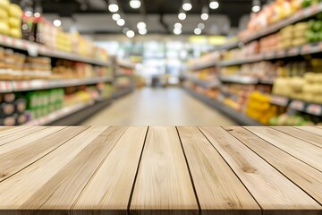 Empty wooden table top with a blurred supermarket interior background 