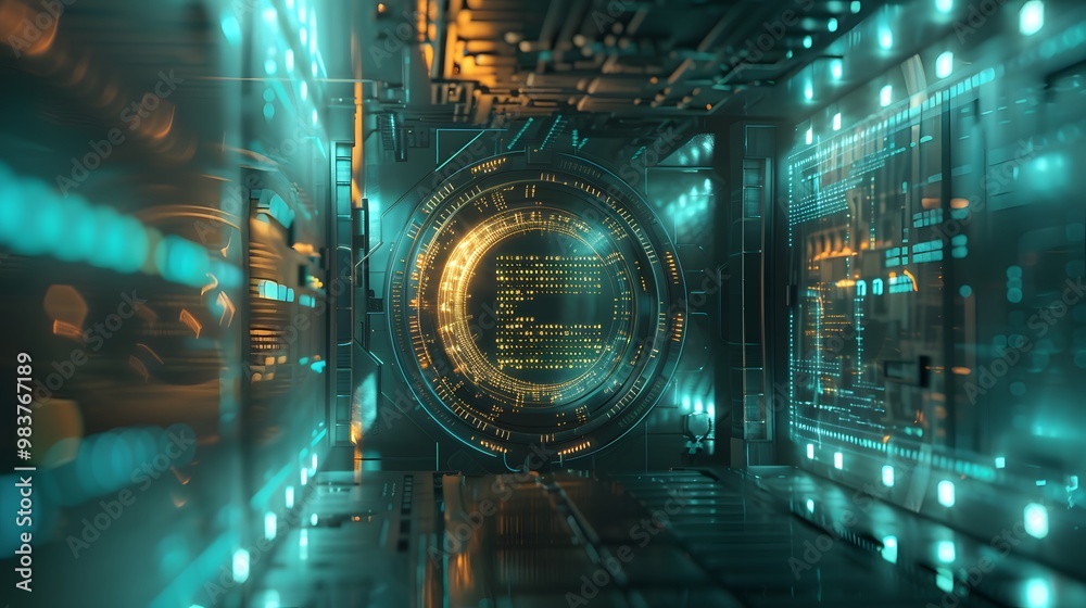 Poster a digital vault surrounded by glowing data streams, with encryption algorithms like aes, rsa, and sh