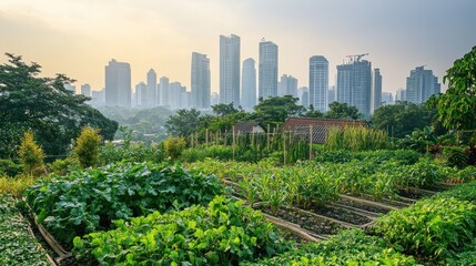 Fototapeta premium A lush urban garden foreground with skyscrapers in the background during sunrise.